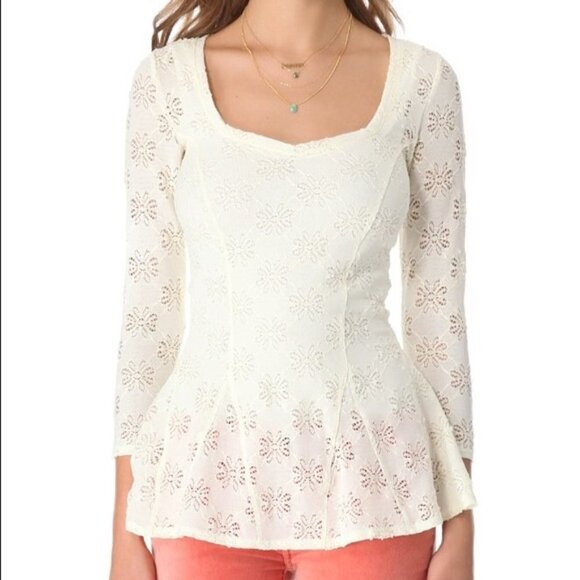 Free People Cream Ditsy Floral Lace Daisy Godet Peplum Eyelet Sheer Top - Picture 1 of 10